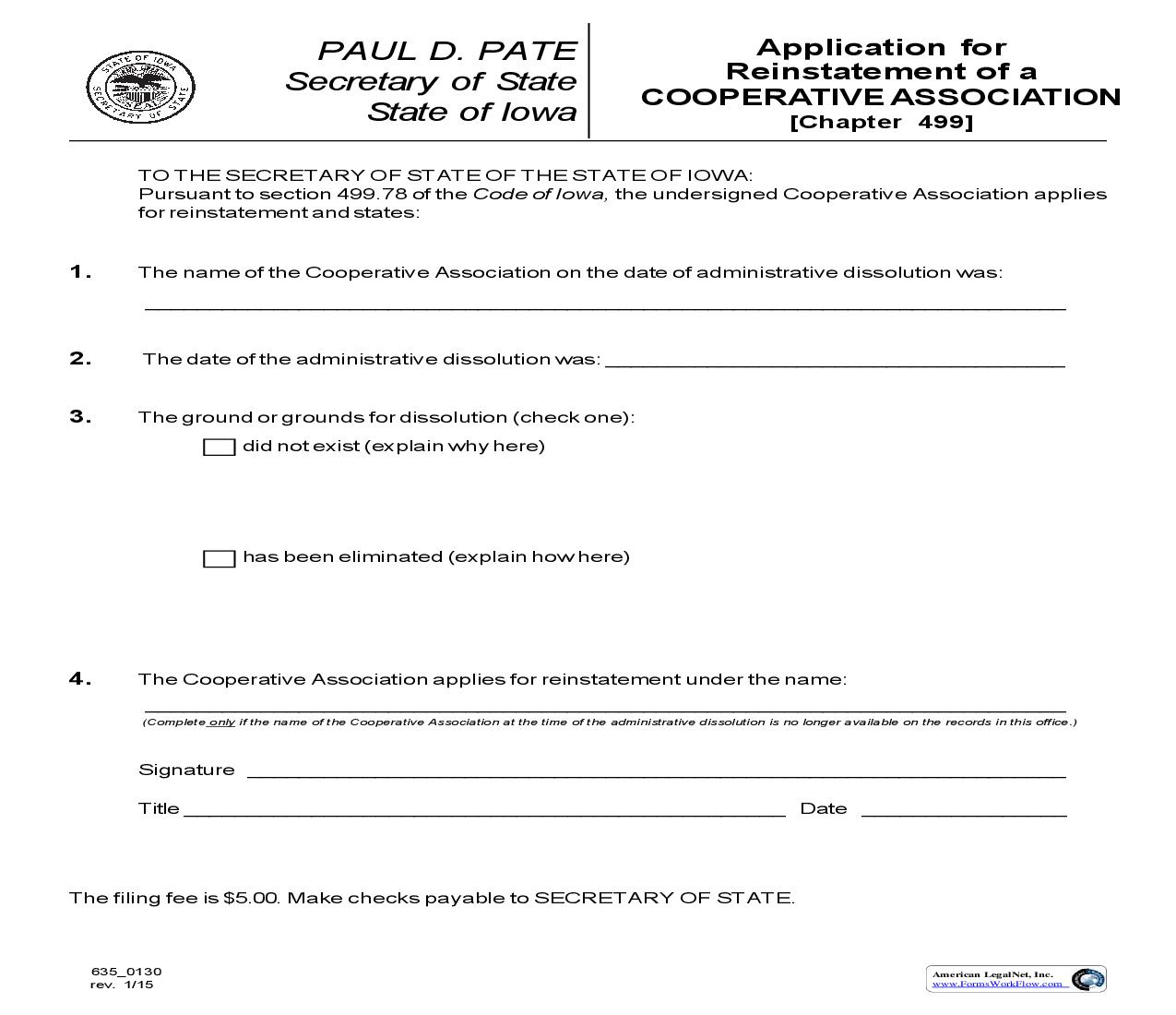 Application For Reinstatement Of Cooperative Association {635_0130} | Pdf Fpdf Doc Docx | Iowa