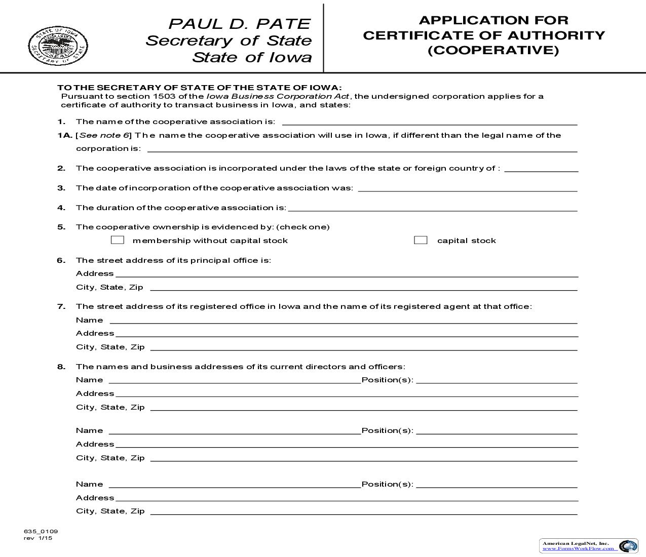 Application For Certificate Of Authority (Cooperative) {635_0109} | Pdf Fpdf Doc Docx | Iowa