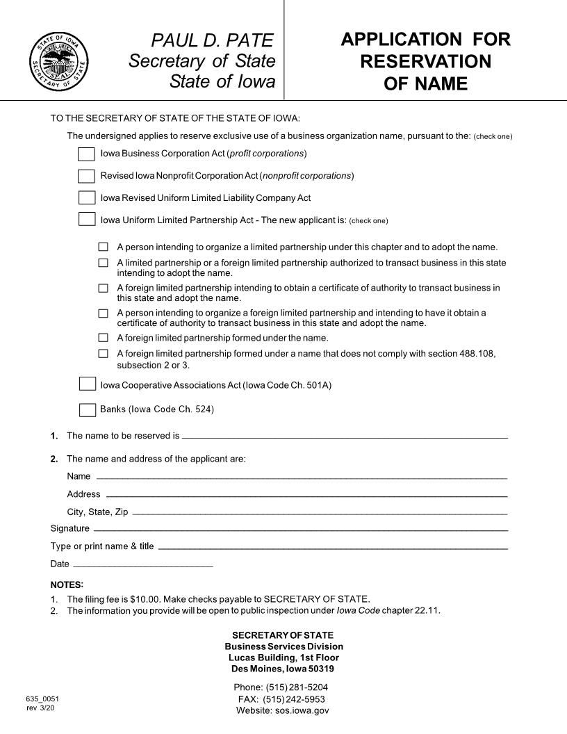 Application For Reservation Of Name {635_0051} | Pdf Fpdf Doc Docx | Iowa