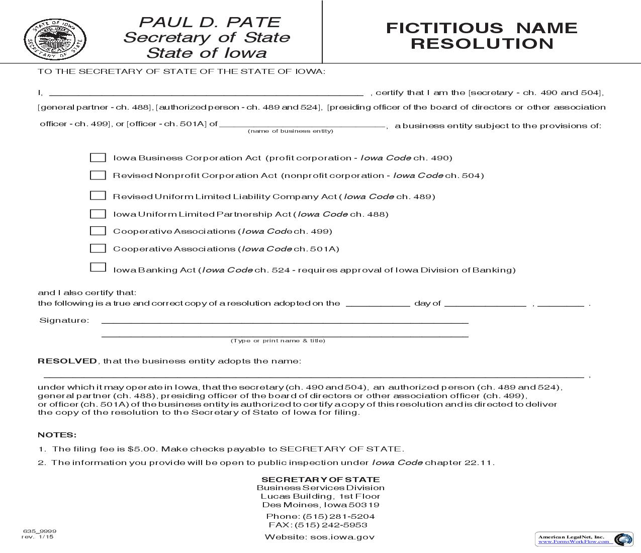 Fictitious Name Resolution {635_9999} | Pdf Fpdf Doc Docx | Iowa
