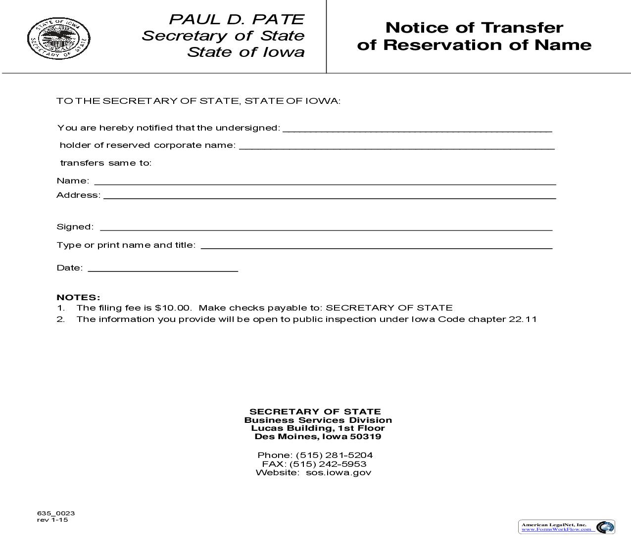 Notice Of Transfer Of Reservation Of Name {635_0023} | Pdf Fpdf Doc Docx | Iowa