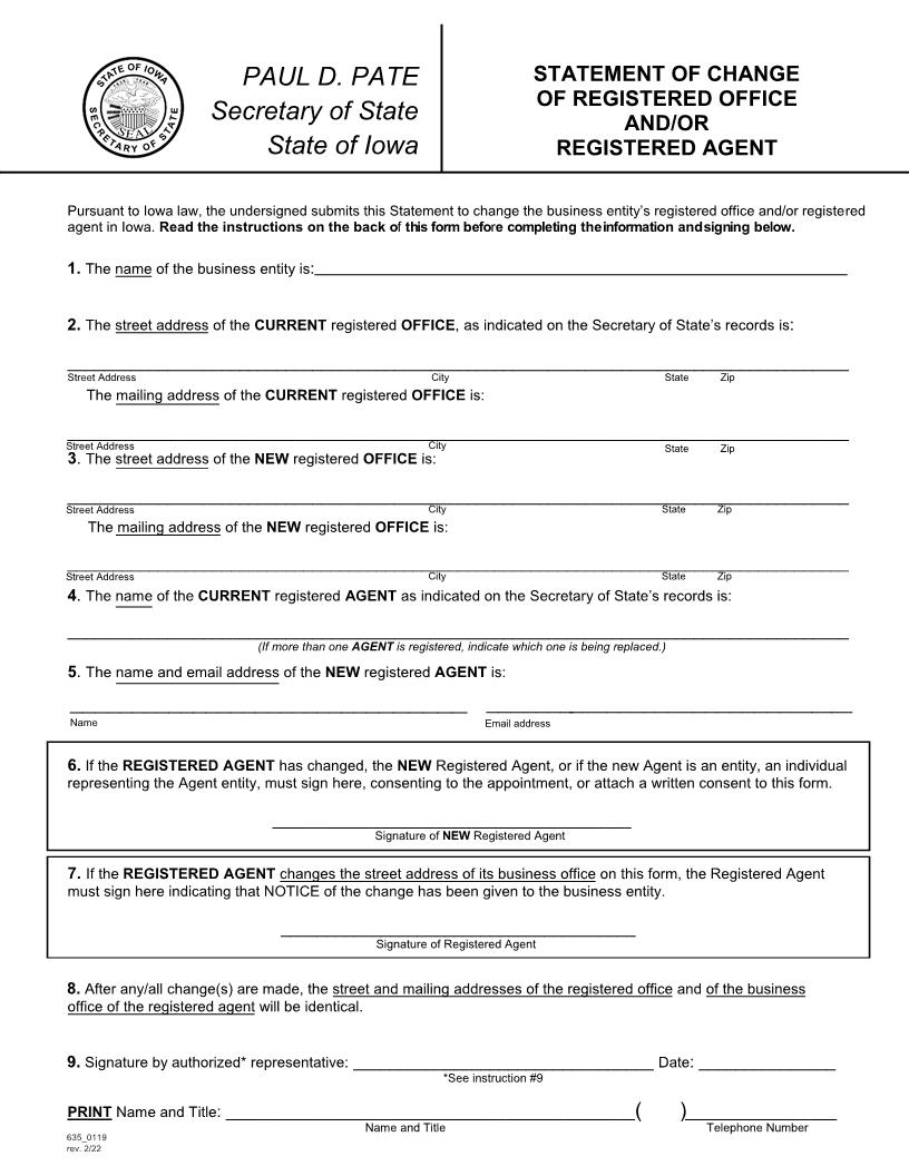 Statement Of Change Of Registered Office And Or Registered Agent {635_0119} | Pdf Fpdf Doc Docx | Iowa