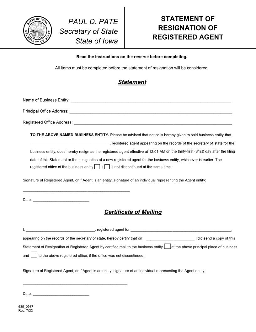 Statement Of Resignation Of Registered Agent {635_0987} | Pdf Fpdf Doc Docx | Iowa