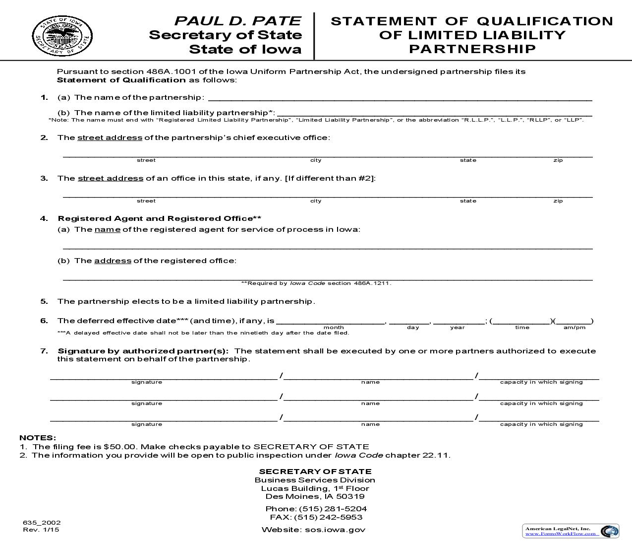 Statement Of Qualification Of Limited Liability Partnership {635_2002} | Pdf Fpdf Doc Docx | Iowa