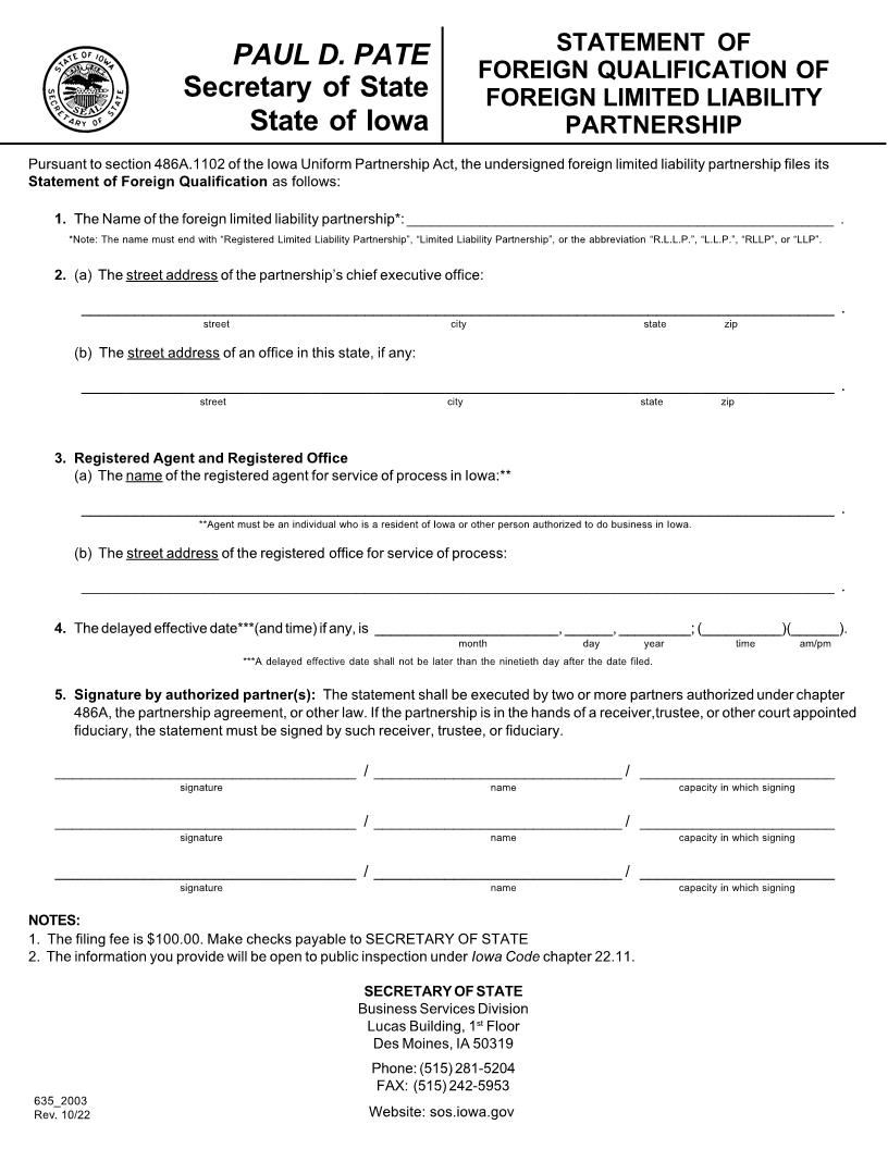 Statement Of Foreign Qualification Of Foreign Limited Liability Partnership {635_2003} | Pdf Fpdf Doc Docx | Iowa