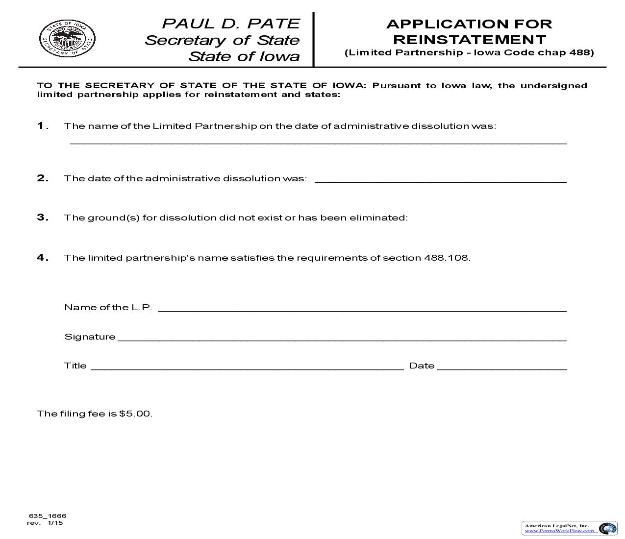 Application For Reinstatement (Limited Partnership) {635_1666} | Pdf Fpdf Doc Docx | Iowa