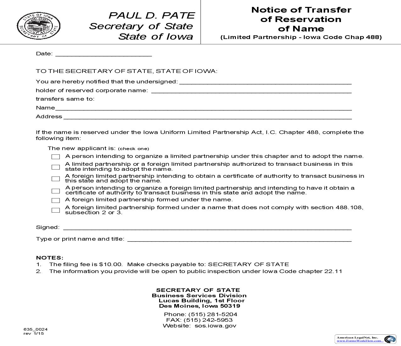 Notice Of Transfer Of Reservation Of Name {635_0024} | Pdf Fpdf Doc Docx | Iowa