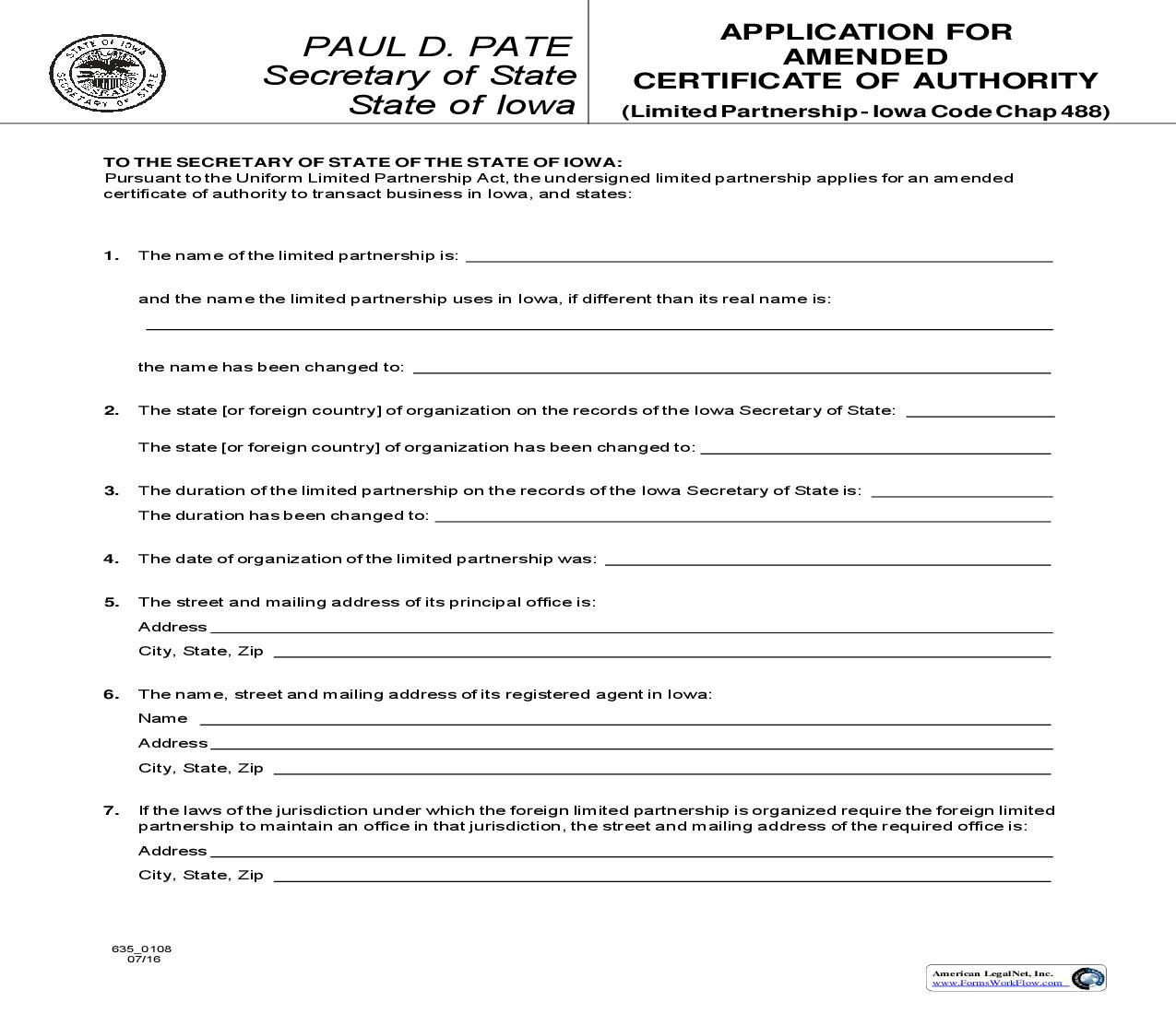 Application For Amended Certificate Of Authority {635-0108} | Pdf Fpdf Doc Docx | Iowa