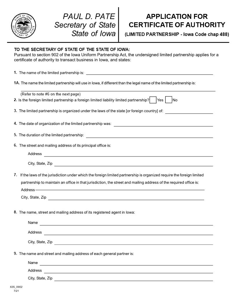 Application For Certificate Of Authority (Limited Partnership) {635_0902} | Pdf Fpdf Doc Docx | Iowa