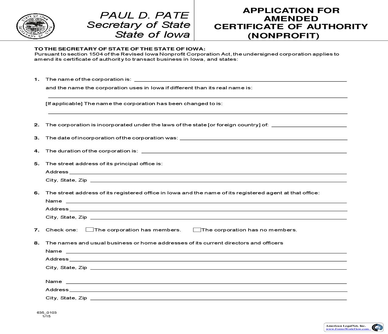 Application For Amended Certificate Of Authority (Nonprofit) {635_0103} | Pdf Fpdf Doc Docx | Iowa