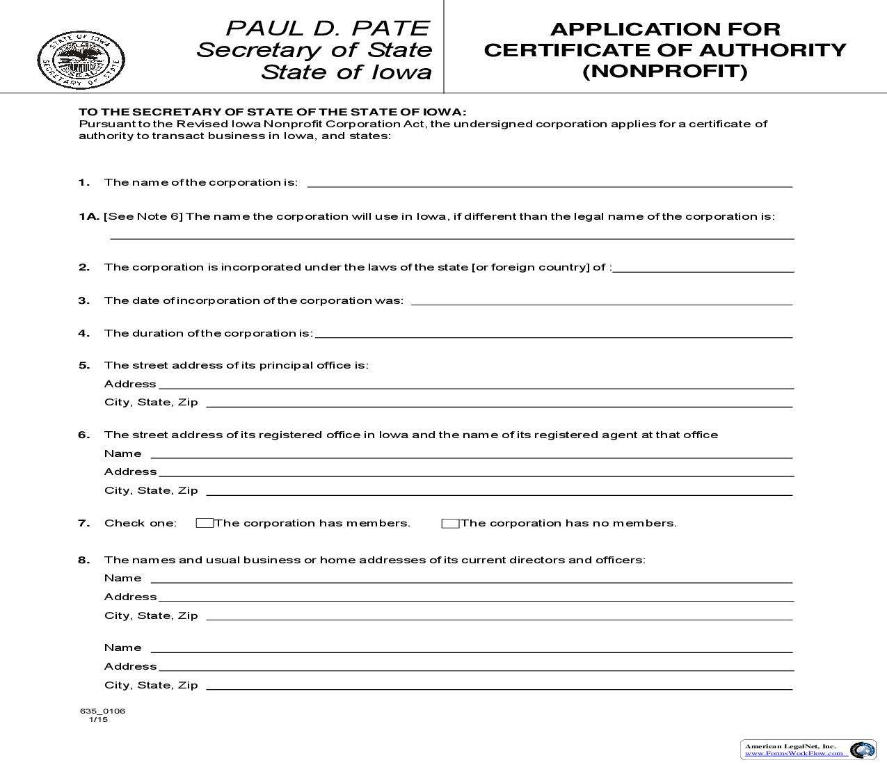 Application For Certificate Of Authority (Nonprofit) {635_0106} | Pdf Fpdf Doc Docx | Iowa