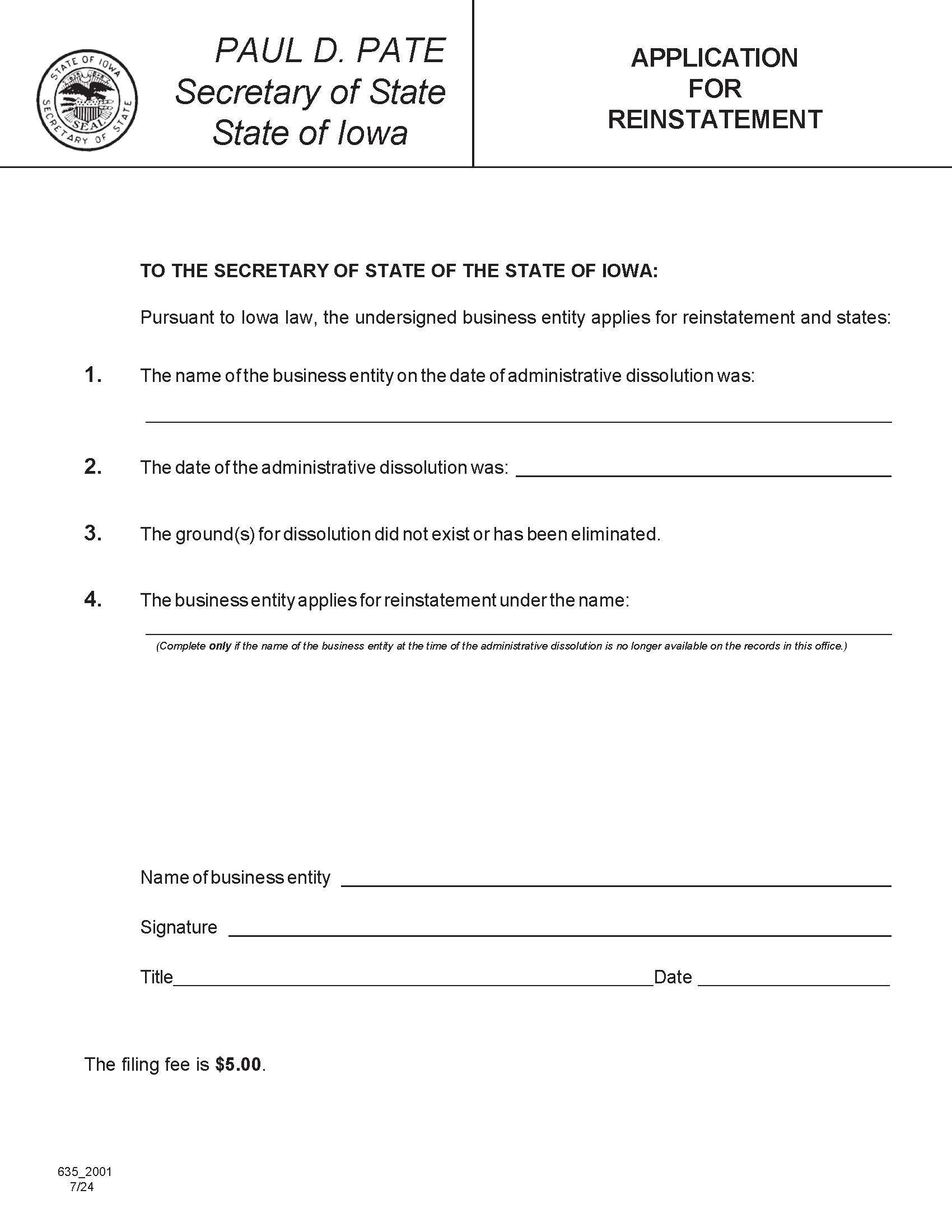 Application For Reinstatement {635_2001} | Pdf Fpdf Doc Docx | Iowa