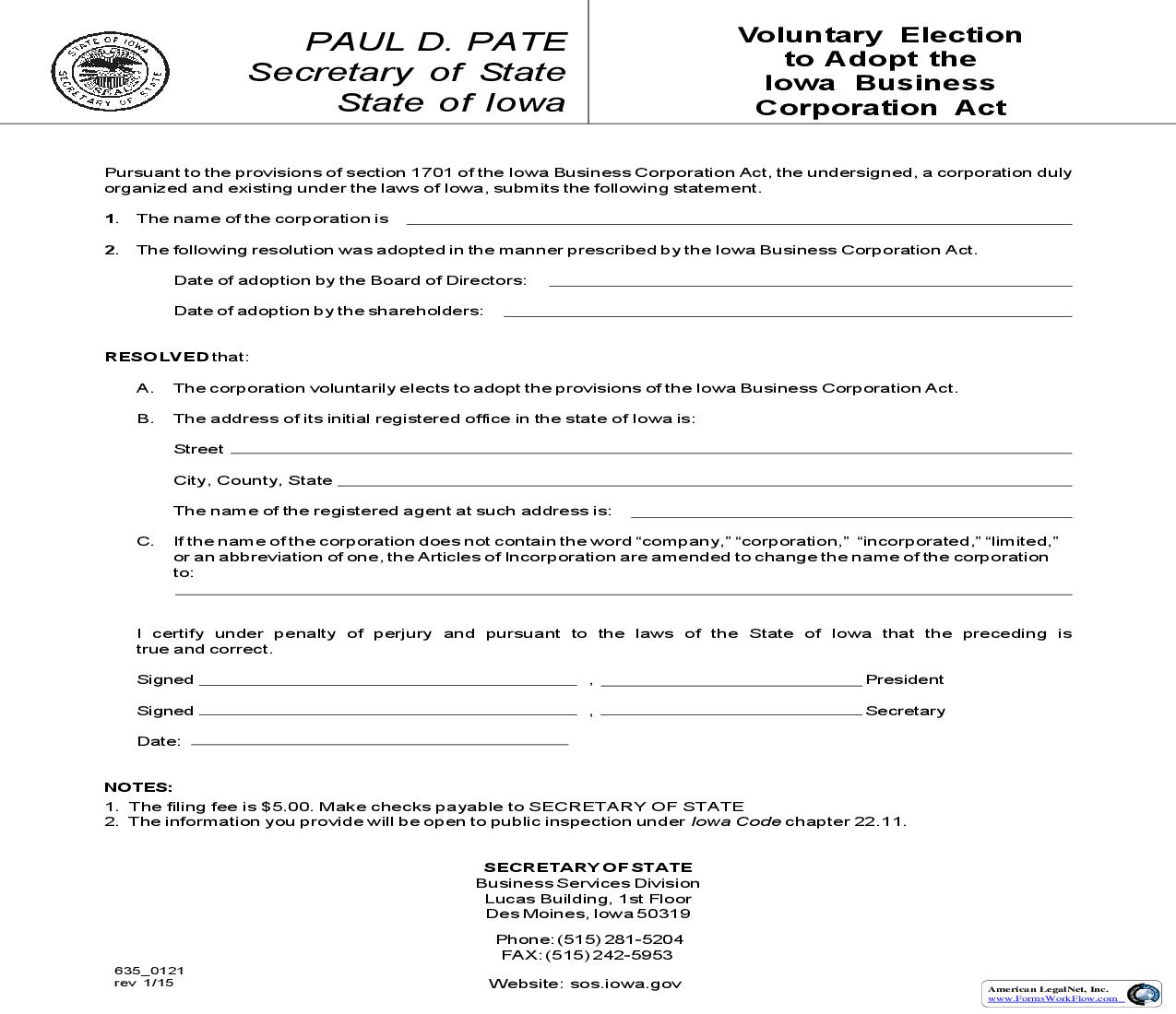 Voluntary Election To Adopt Iowa Business Corporation Act {635_0121} | Pdf Fpdf Doc Docx | Iowa