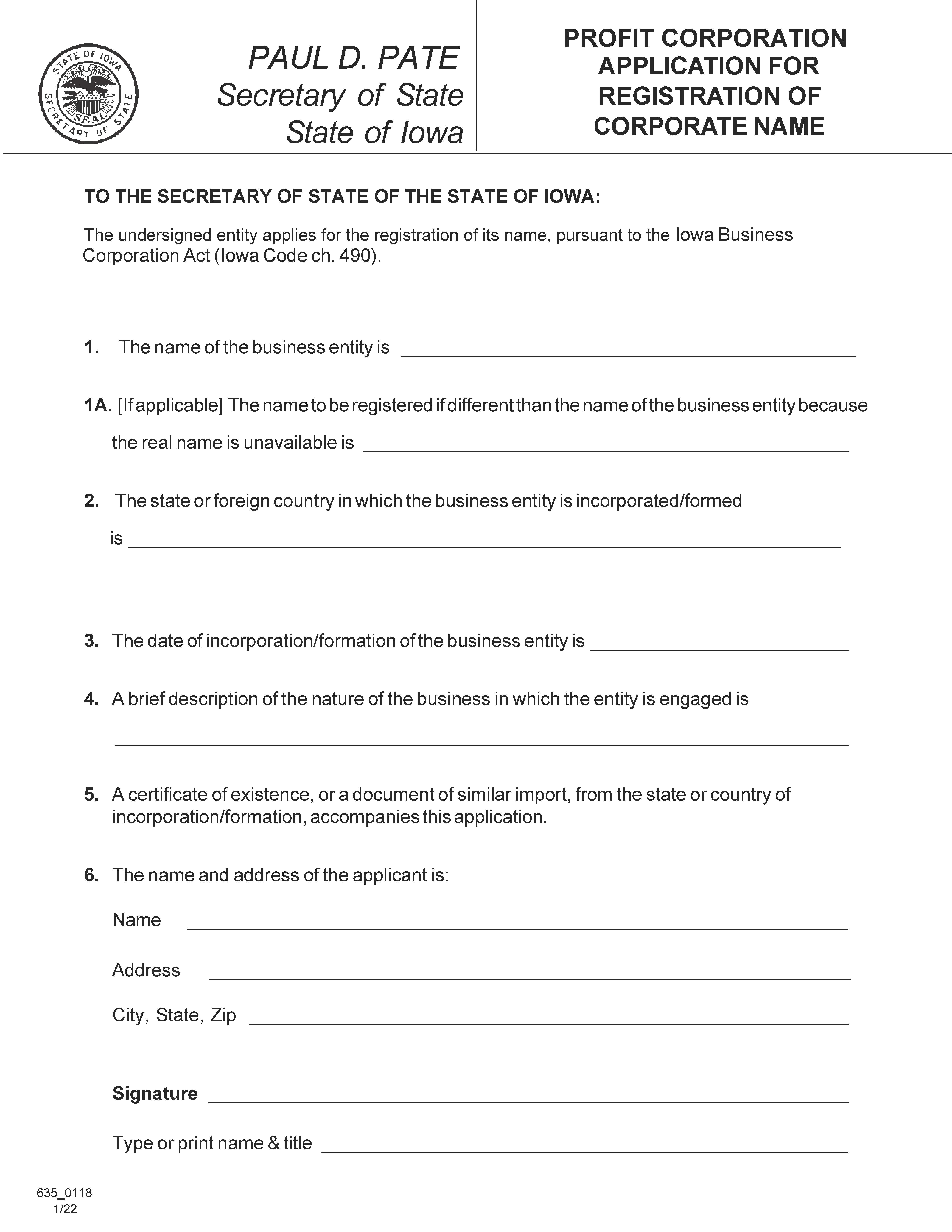 Application For Registration Of Corporate Name {635_0118} | Pdf Fpdf Doc Docx | Iowa