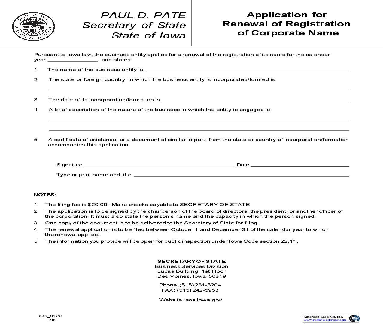 Application For Renewal Of Registration Of Corporate Name {635_0120} | Pdf Fpdf Doc Docx | Iowa