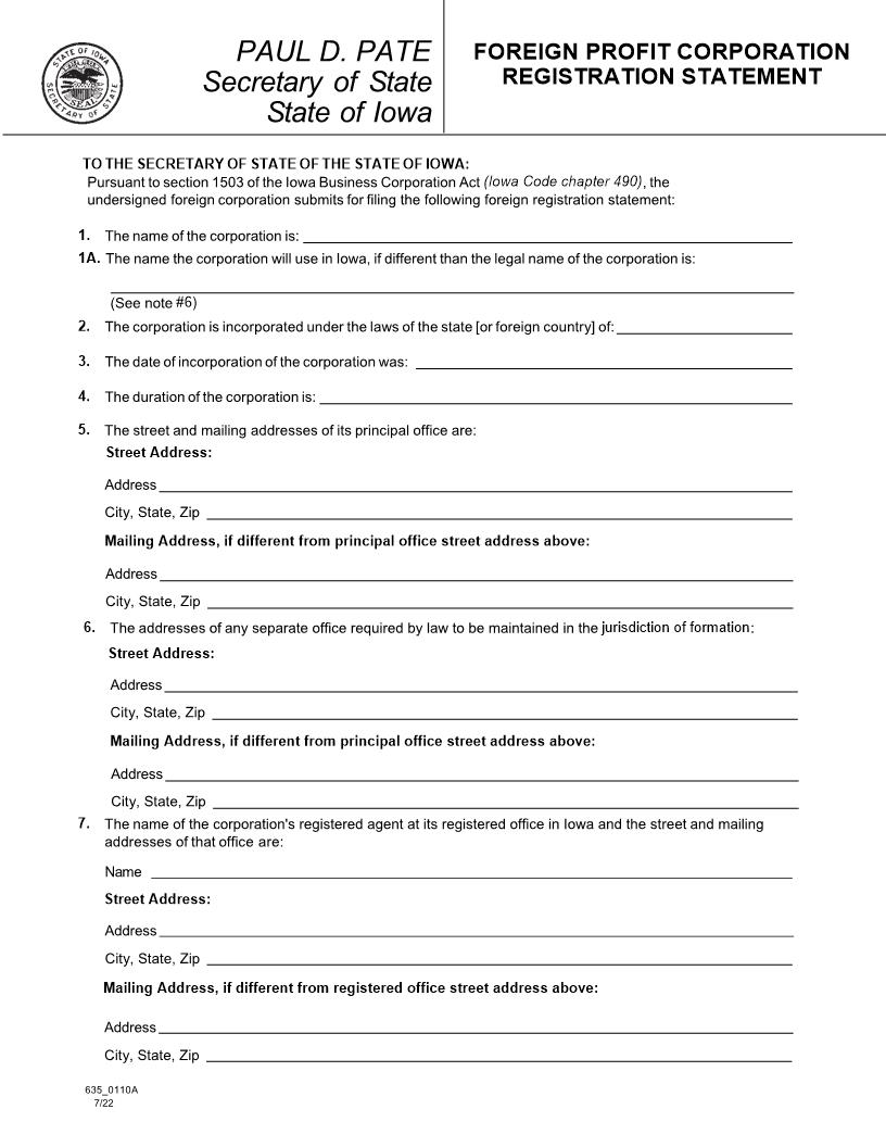 Foreign Profit Corporation Registration Statement {635_0110A} | Pdf Fpdf Docx | Iowa