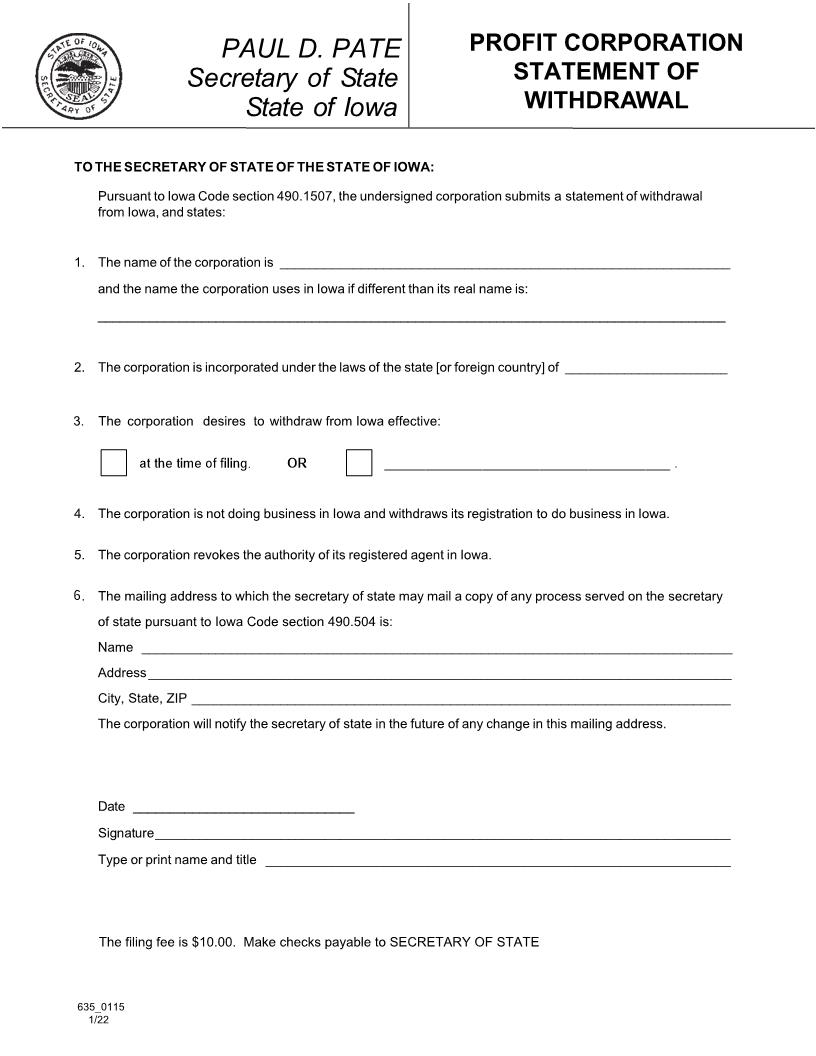 Statement Of Withdrawal {635_0115} | Pdf Fpdf Docx | Iowa