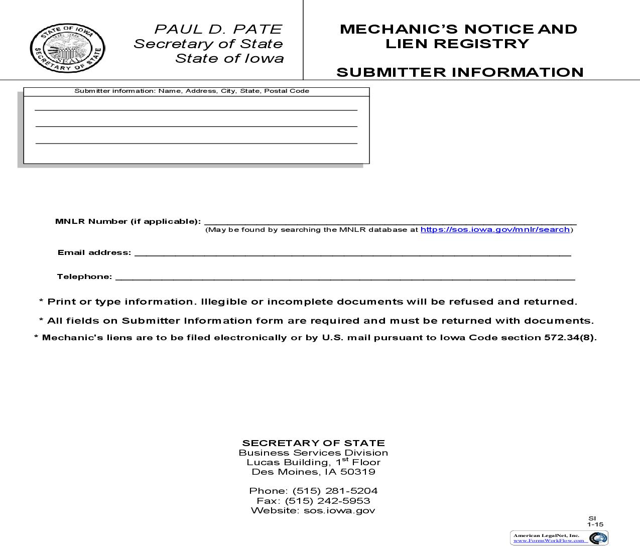 Mechanics Notice And Lien Registry-Cover Page | Pdf Fpdf Doc Docx | Iowa