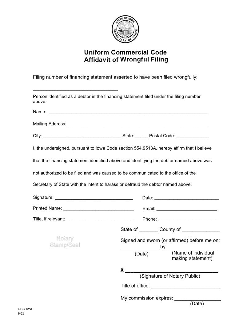 Uniform Commercial Code Affidavit Of Wrongful Filing | Pdf Fpdf Docx | Iowa