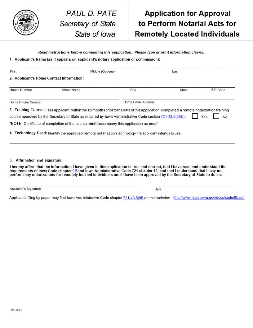 Application For Approval To Perform Notarial Acts For Remotely Located Individuals | Pdf Fpdf Docx | Iowa