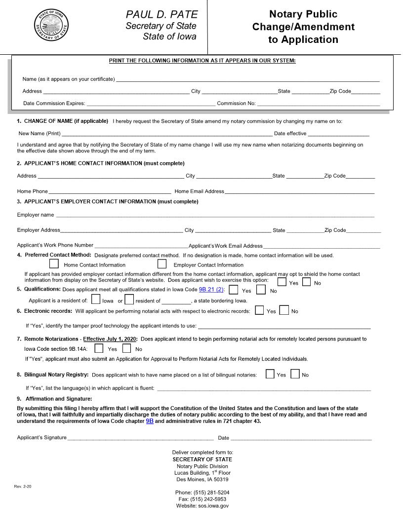 Notary Public Change Or Amendment To Application | Pdf Fpdf Doc Docx | Iowa
