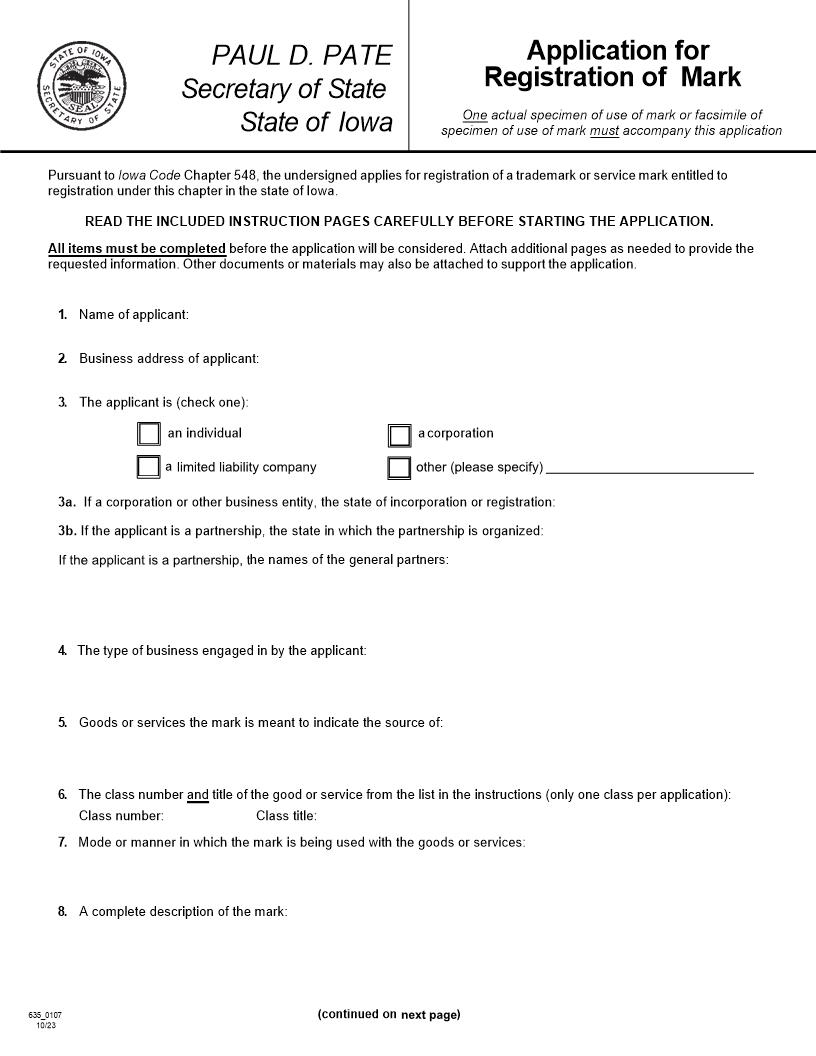 Application For Registration Of Mark {635_0107} | Pdf Fpdf Doc Docx | Iowa