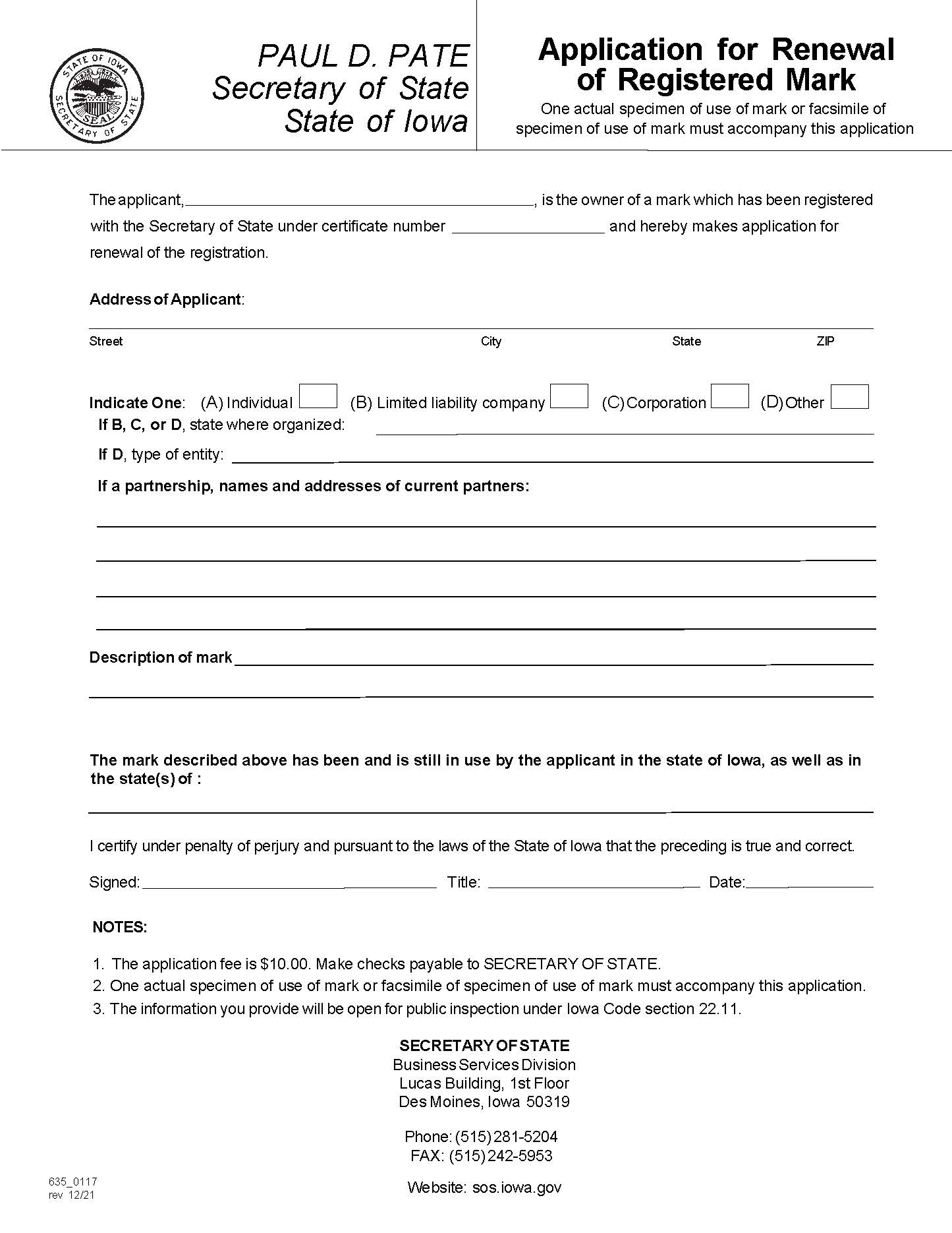 Application For Renewal Of Registered Mark {635_0117} | Pdf Fpdf Doc Docx | Iowa