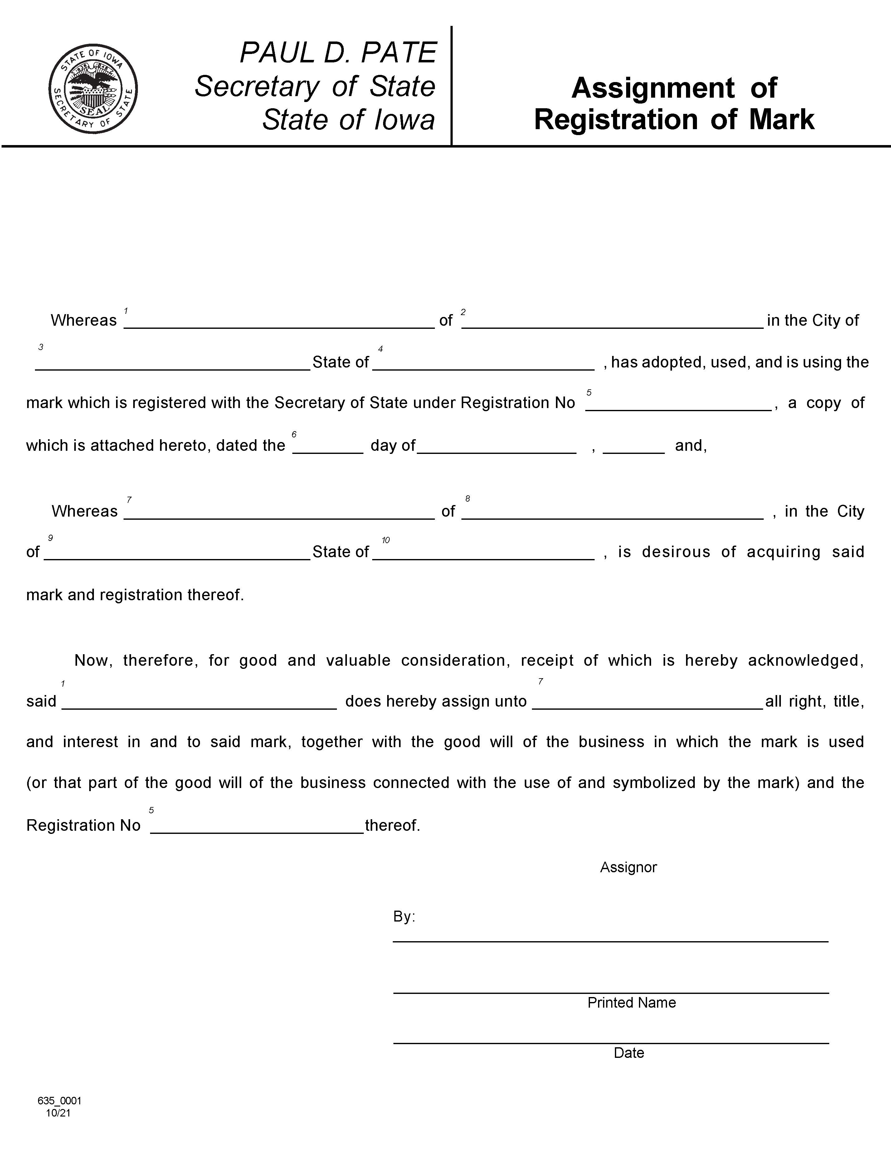 Assignment Of Registration Of Mark {635_0001} | Pdf Fpdf Doc Docx | Iowa