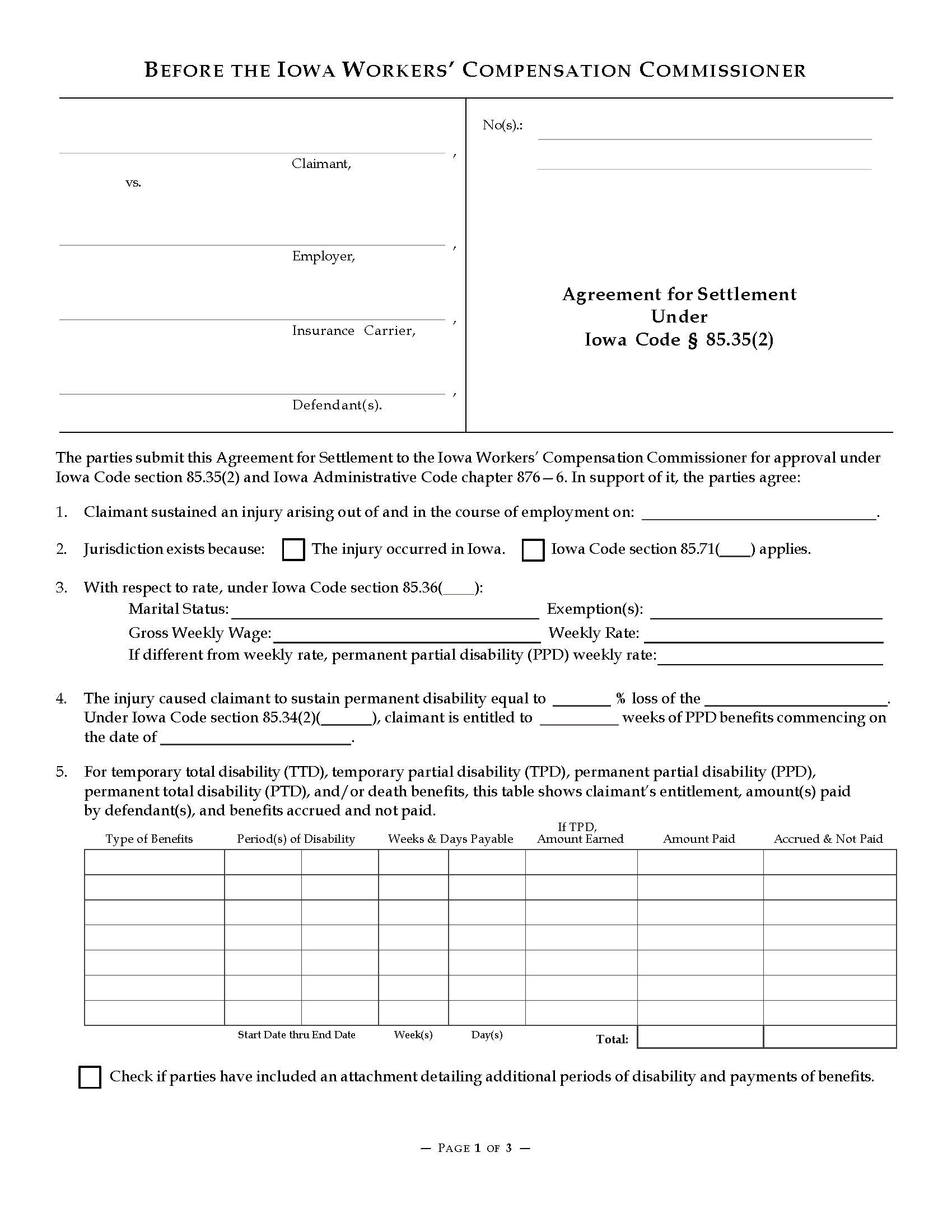 Agreement For Settlement Under Iowa Code Section 85.35(2) {14-0021} | Pdf Fpdf Doc Docx | Iowa
