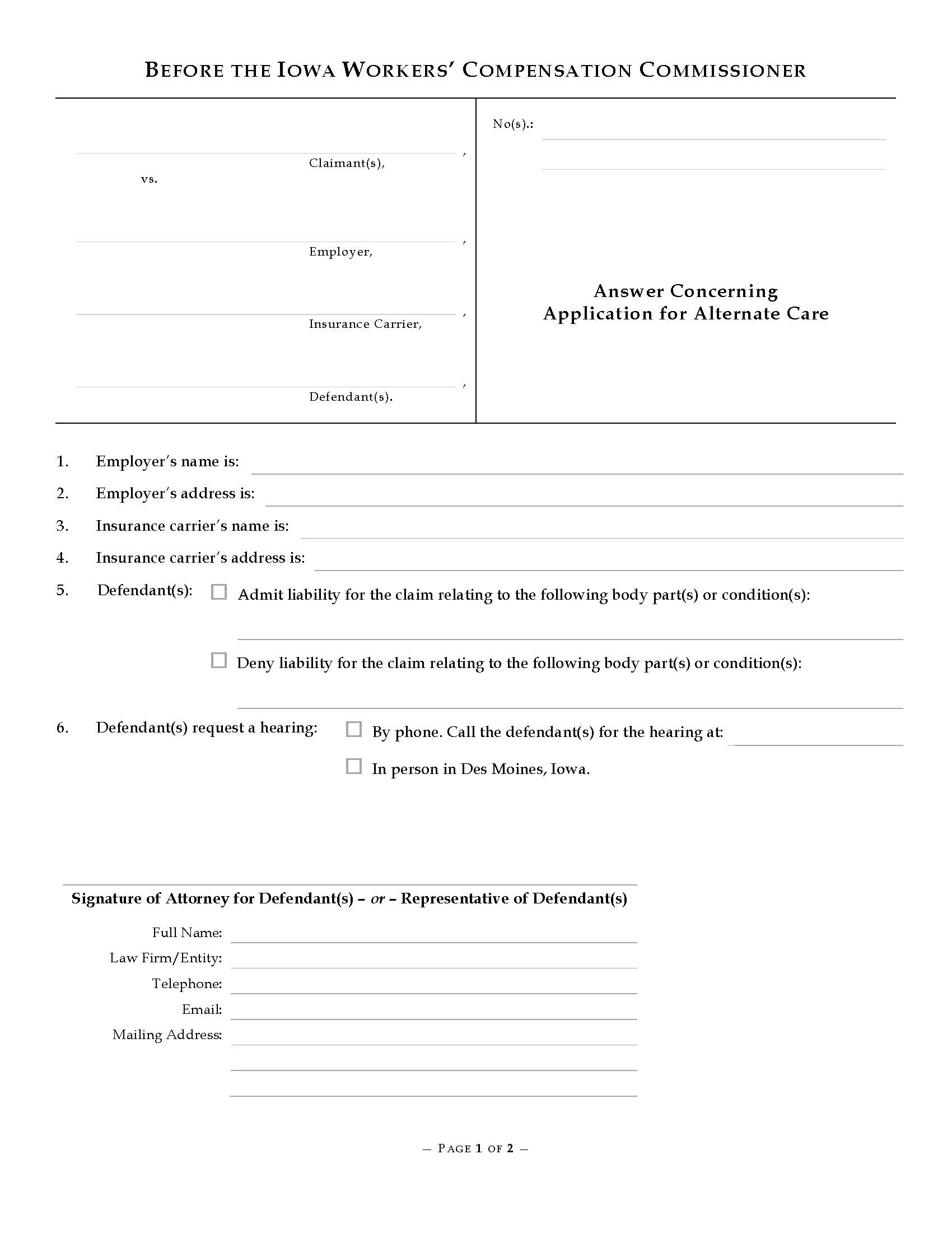 Answer Concerning Application For Alternate Care {14-0011A} | Pdf Fpdf Docx | Iowa