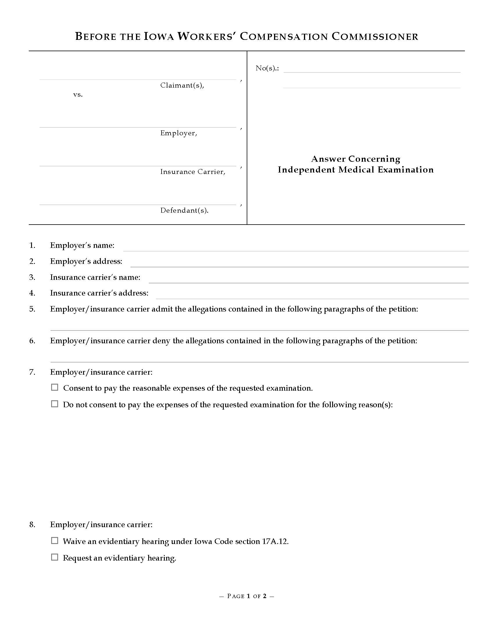 Answer Concerning Independent Medical Examination {14-0007A} | Pdf Fpdf Docx | Iowa