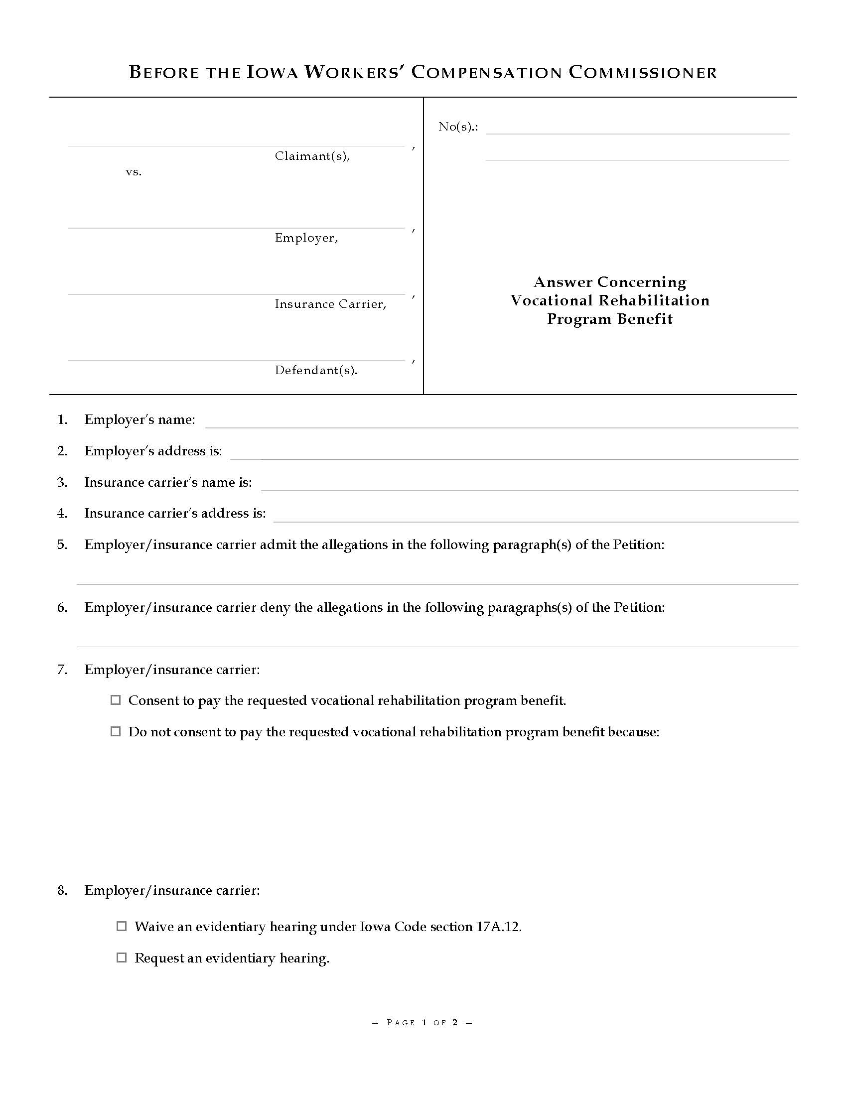 Answer Concerning Vocational Rehabilitation Program Benefit {14-0009A} | Pdf Fpdf Docx | Iowa