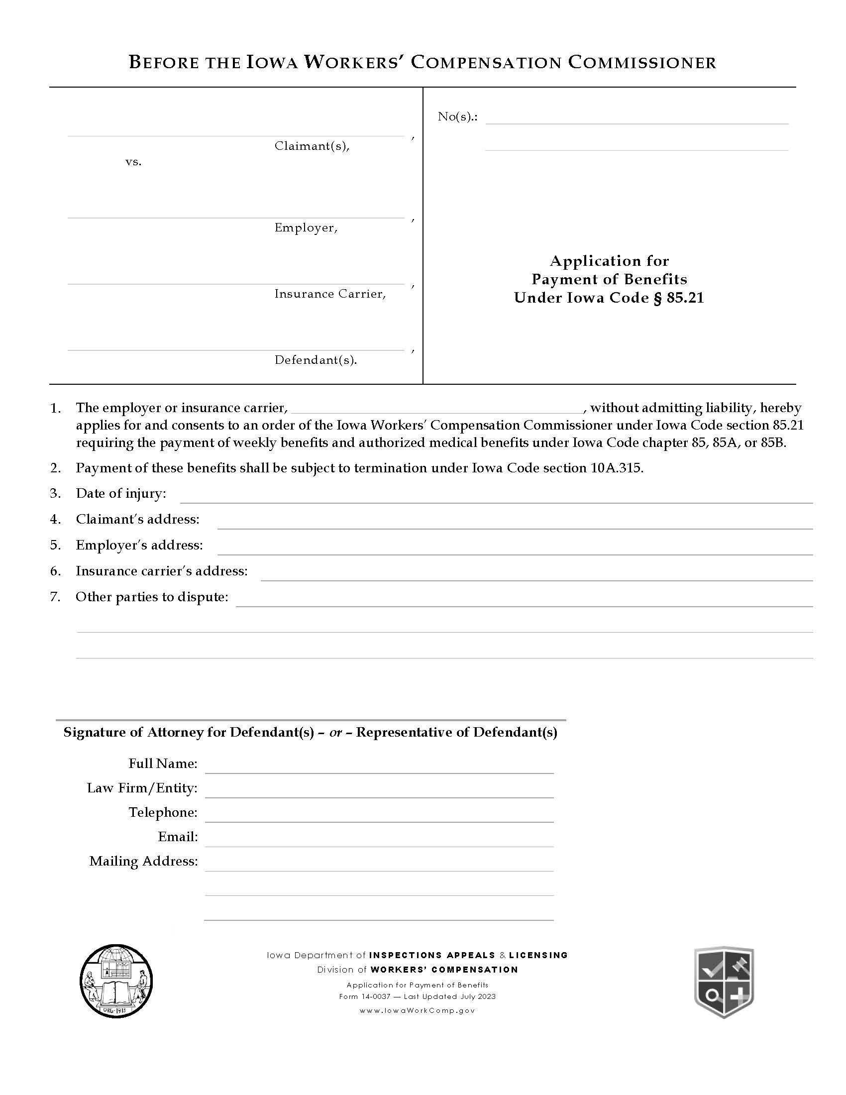 Application For Payment Of Benefits Under Iowa Code Section 85.21 {14-0037} | Pdf Fpdf Doc Docx | Iowa