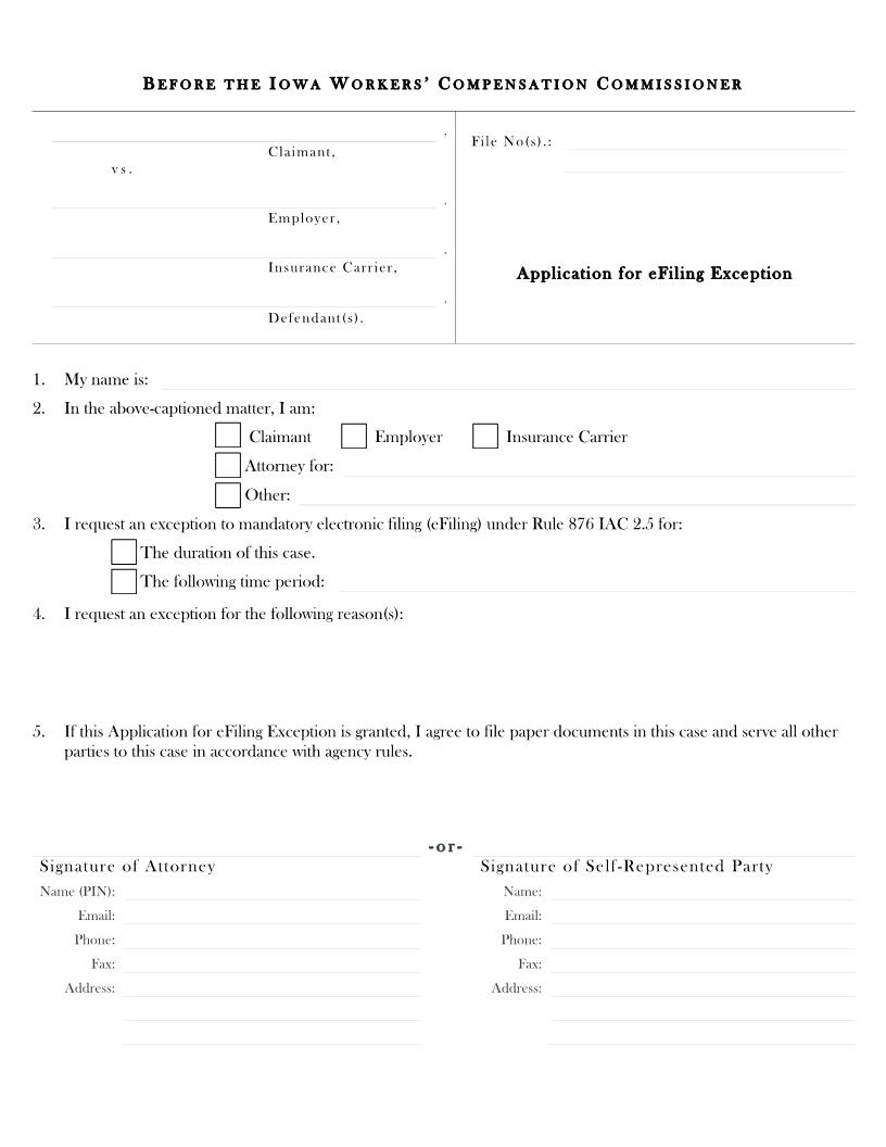 Application For eFiling Exception {14-0177} | Pdf Fpdf Docx | Iowa