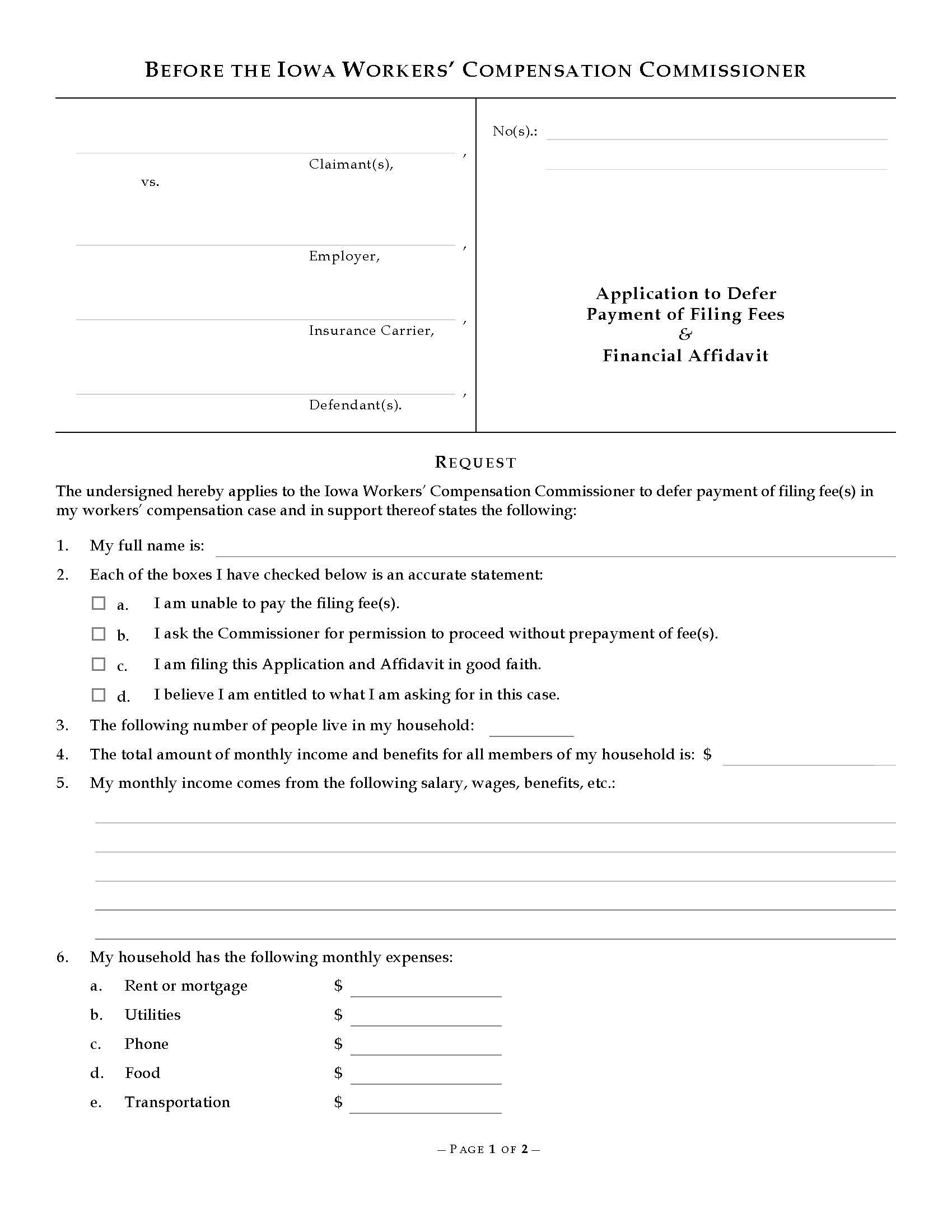Application To Defer Filing Fees Financial Affidavit And Order {14-0075} | Pdf Fpdf Doc Docx | Iowa