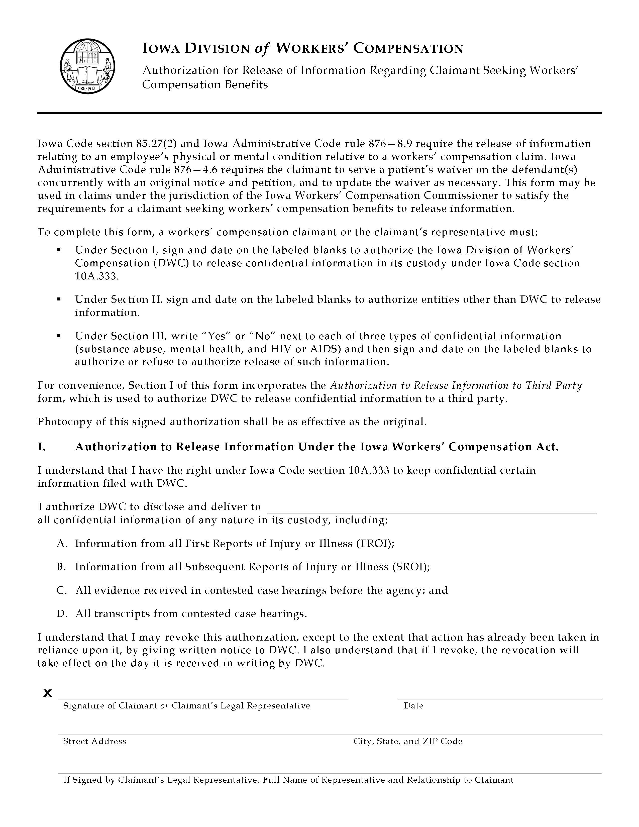 Authorization For Release Of Information Regarding Claimant Seeking WC Benefits {14-0043} | Pdf Fpdf Doc Docx | Iowa
