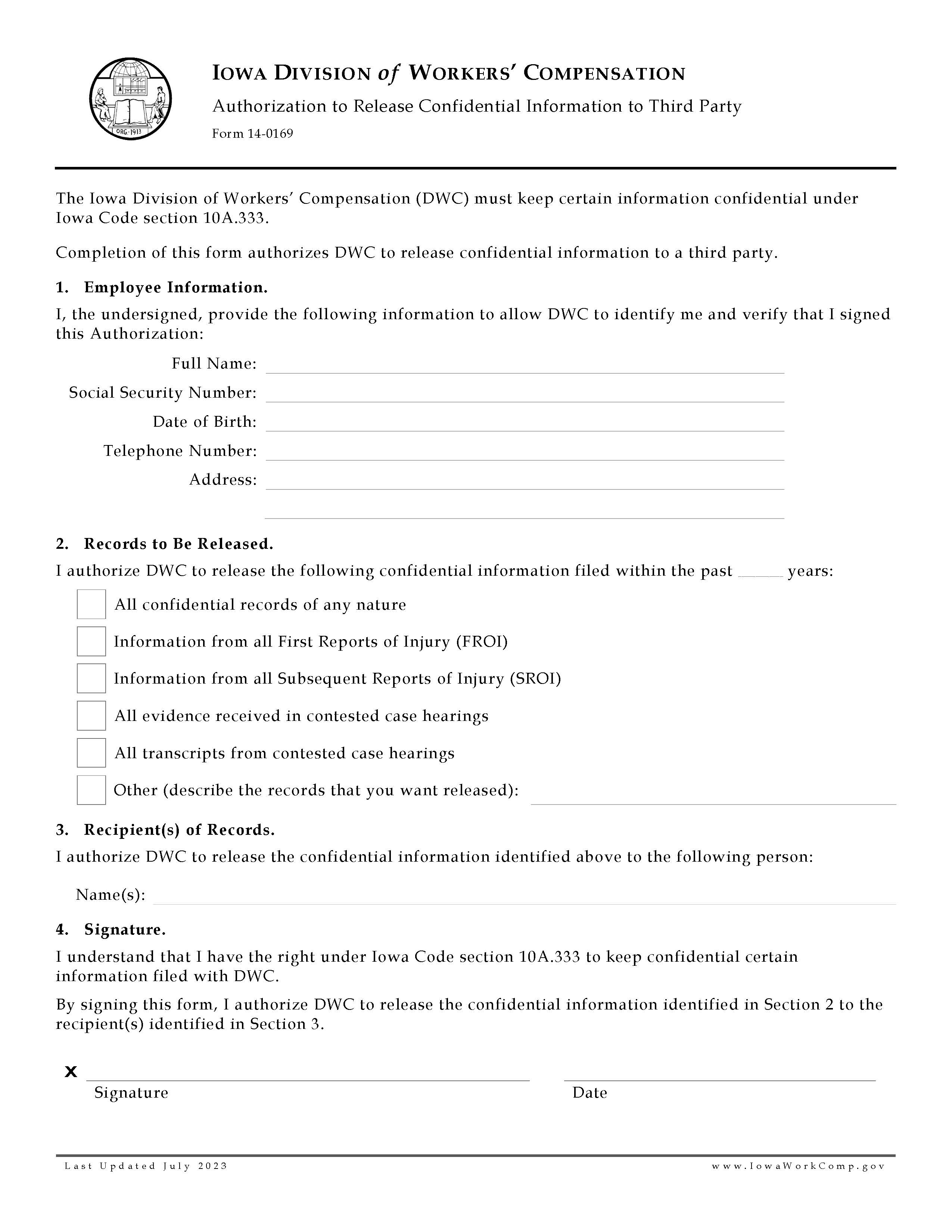Authorization To Release Confidential Information To Third Party {14-0169} | Pdf Fpdf Doc Docx | Iowa