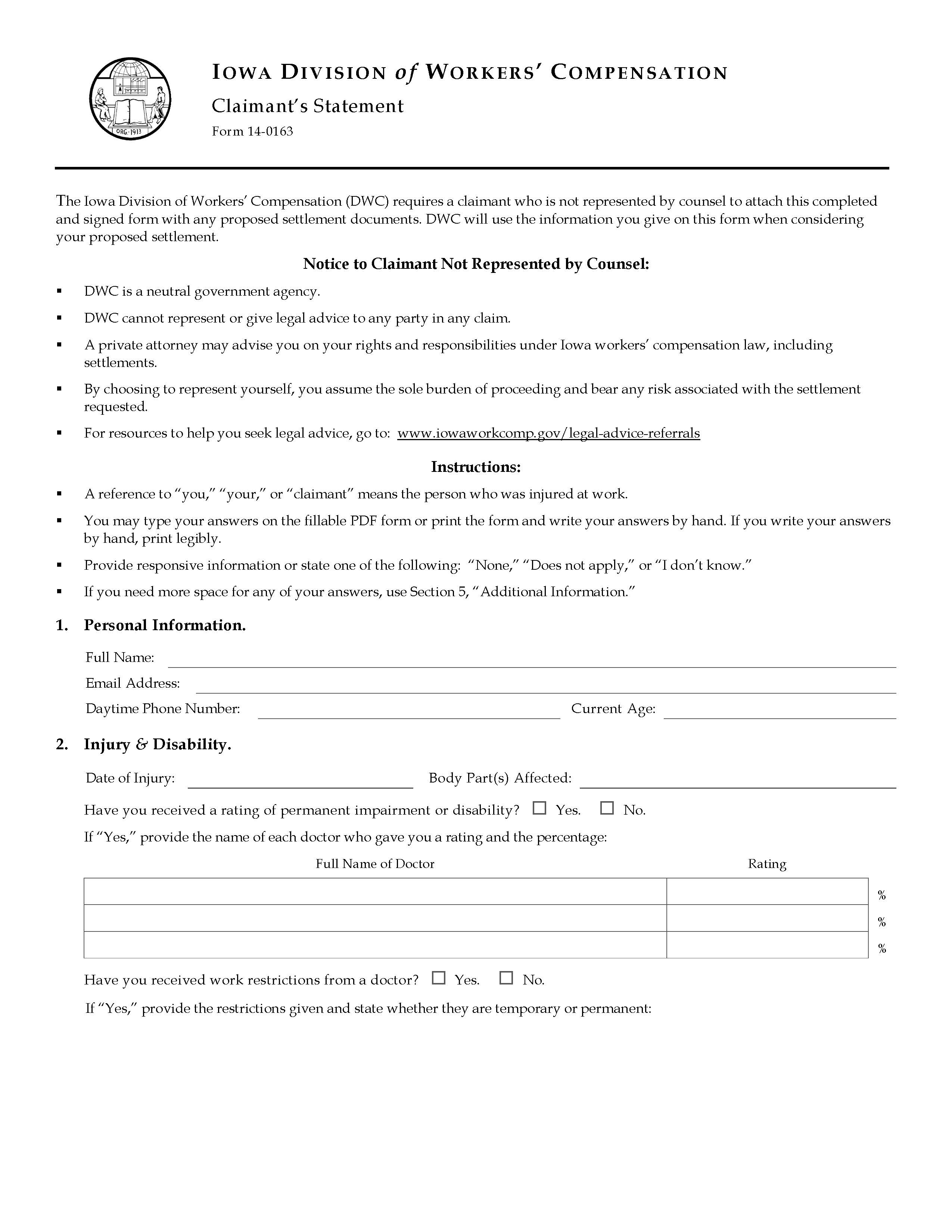 Claimants Statement {14-0163} | Pdf Fpdf Doc Docx | Iowa