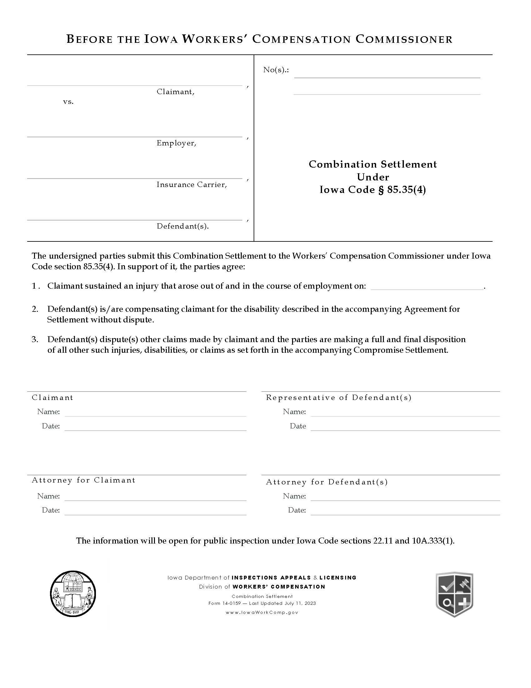 Combination Settlement Under Iowa Code Section 85.35(4) {14-0159} | Pdf Fpdf Doc Docx | Iowa