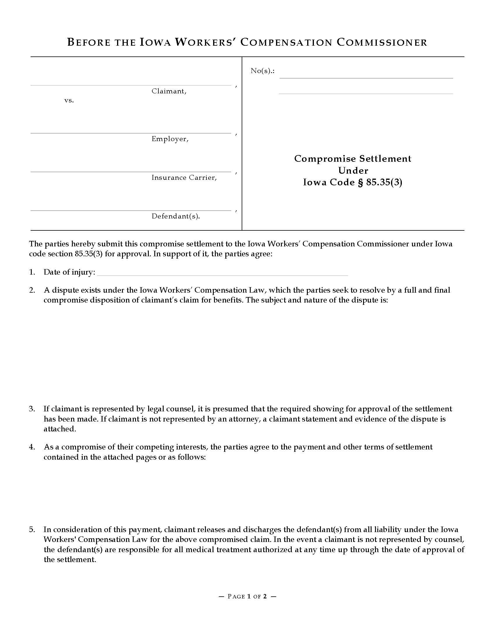 Compromise Settlement Under Iowa Code Section 85.35(3) {14-0025} | Pdf Fpdf Doc Docx | Iowa