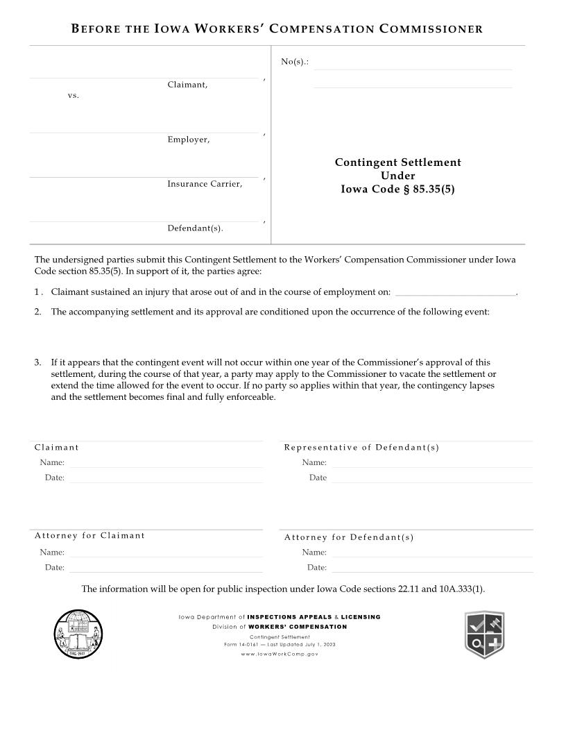 Contingent Settlement Under Iowa Code Section 85.35(5) {14-0161} | Pdf Fpdf Doc Docx | Iowa