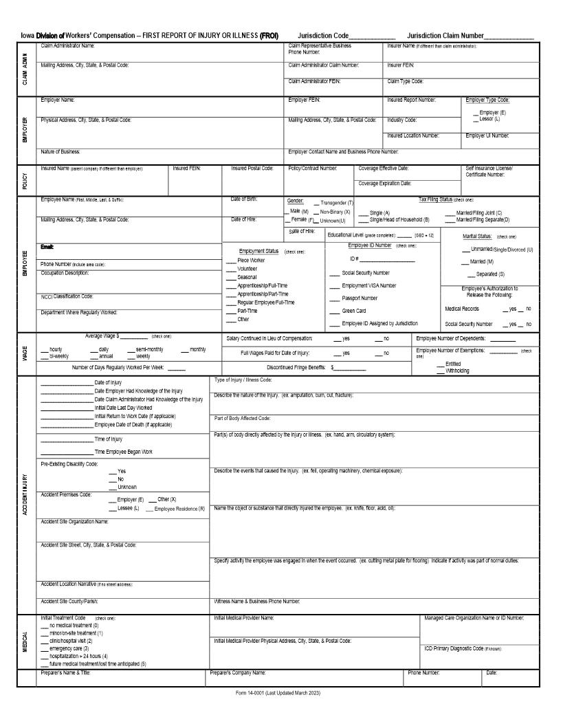 First Report of Injury Or Illness {14-001} | Pdf Fpdf Doc Docx | Iowa