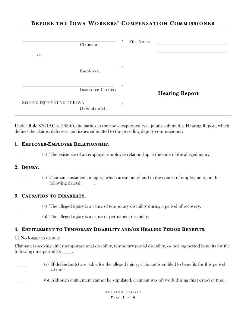 Hearing Report (Second Injury Fund) (Form 14-0047) | Pdf Fpdf Docx | Iowa