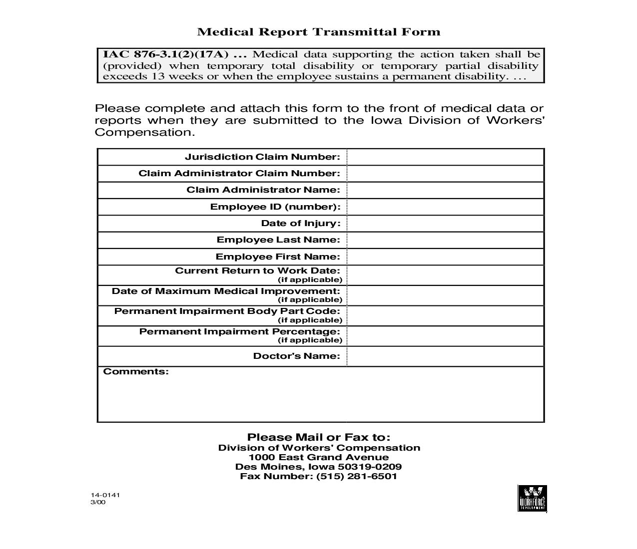 Medical Report Transmittal Form {14-0141} | Pdf Fpdf Doc Docx | Iowa