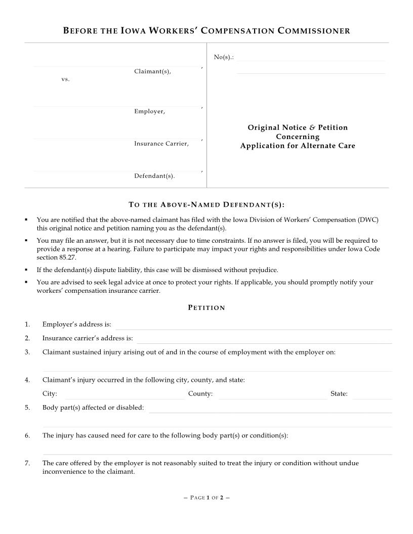 Original Notice And Petition Concerning Application For Alternate Care {14-0011} | Pdf Fpdf Doc Docx | Iowa