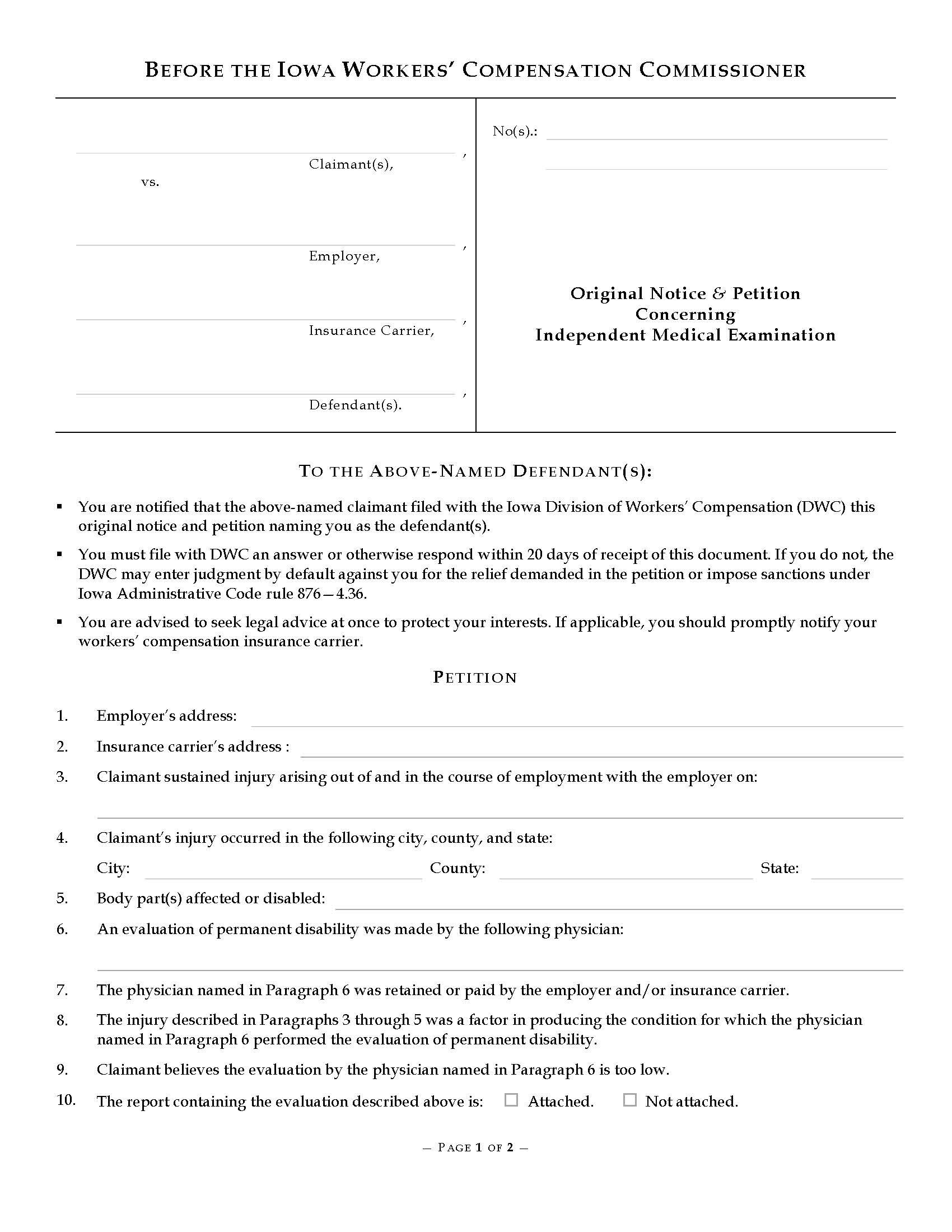 Original Notice And Petition Concerning Independent Medical Examination {14-0007} | Pdf Fpdf Doc Docx | Iowa