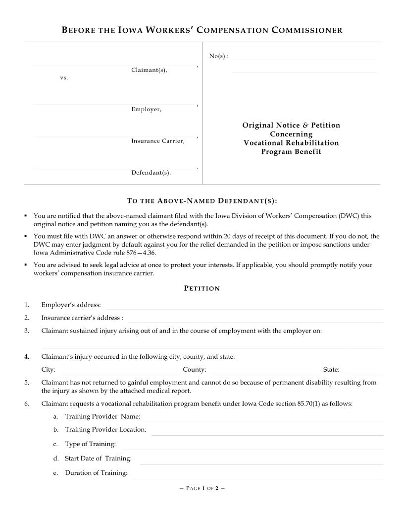 Original Notice And Petition Concerning Vocational Rehabilitation Program Benefit {14-0009} | Pdf Fpdf Doc Docx | Iowa