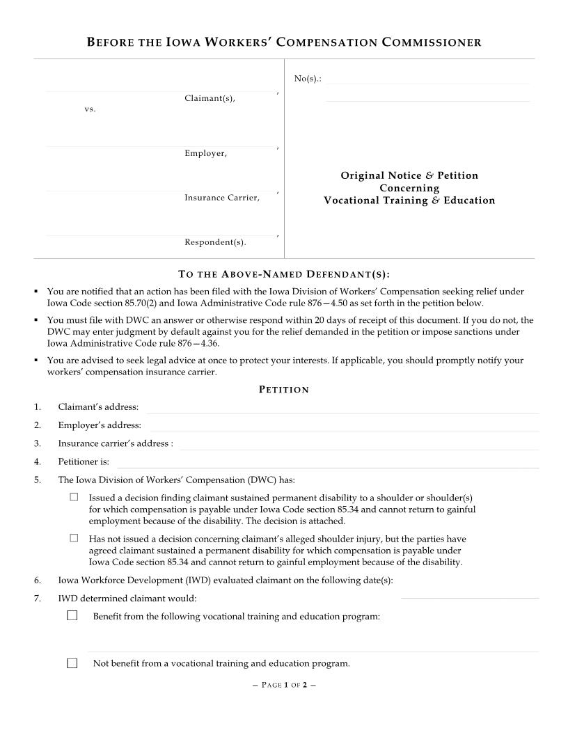 Original Notice And Petition Concerning Vocational Training & Education {14-0012} | Pdf Fpdf Docx | Iowa
