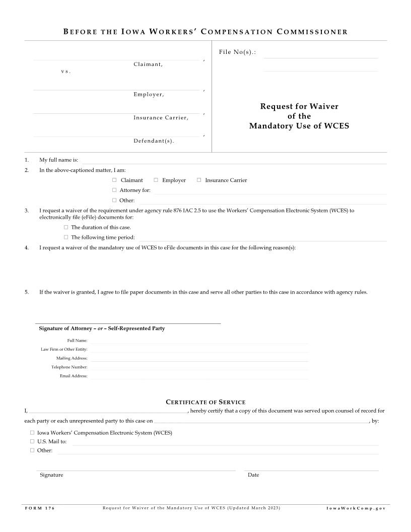 Request For Waiver Of Mandatory Use Of WCES {176} | Pdf Fpdf Docx | Iowa