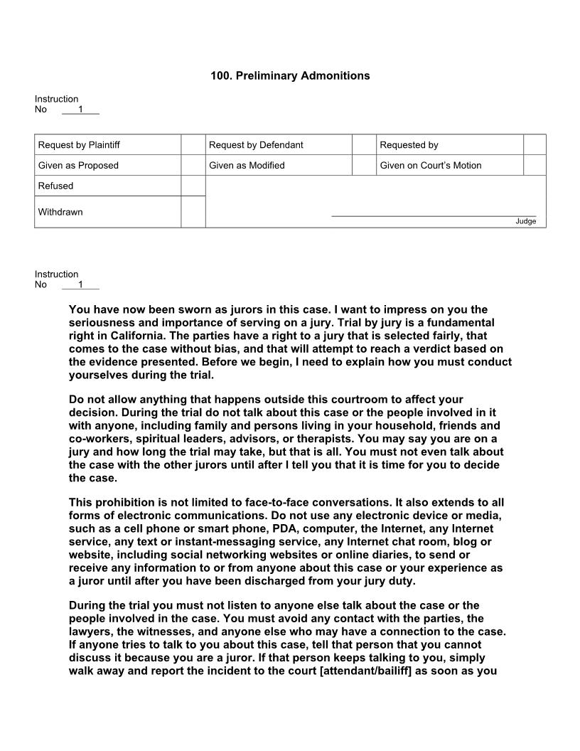 100. Preliminary Admonitions | Pdf Docx | Jury Instructions